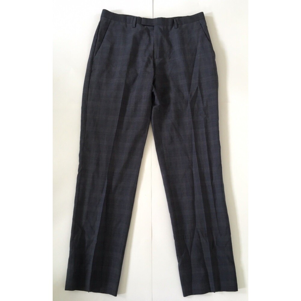 Hugo Boss Mens Flat Front 100% Virgin Wool Shark Dress Pants Sz 32 Plaid Gray